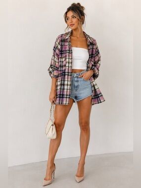 ZARA Oversized Pink Plaid Shacket Jacket Large jeweled Cozy Luxe Statement Coat